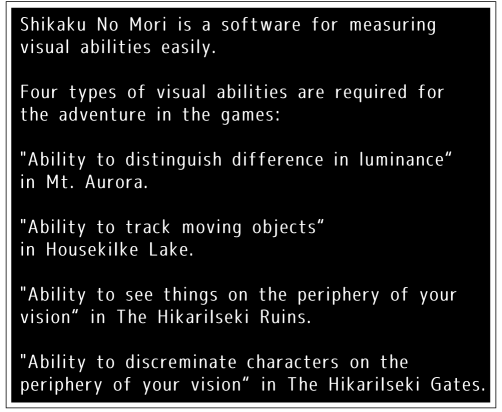 Shikaku No Mori is a software for measuring visual abilities easily.