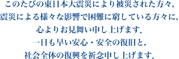 このたびの東日本大震災により被災された方々，震災による様々な影響で困難に窮している方々に，心よりお見舞い申し上げます．一日も早い安心・安全の復旧と，社会全体の復興を祈念申し上げます．