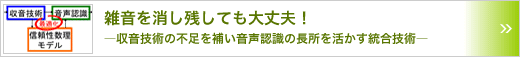 雑音を消し残しても大丈夫！　～収音技術の不足を補い音声認識の長所を活かす統合技術～