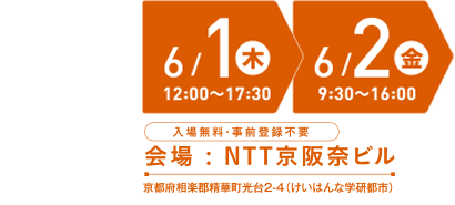 開催日時：6/1（木）12:00-17:30 6/2（金）9:30-16:00　会場：NTT 京阪奈ビル　入場無料・事前登録不要